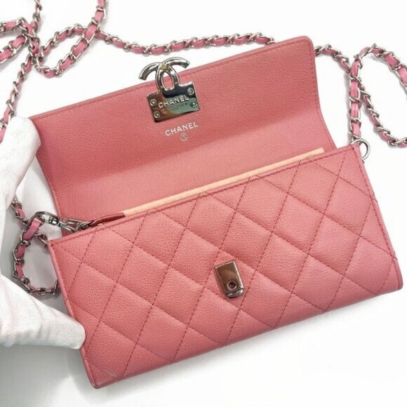 Authentic CHANEL CC Lambskin Quilted Box Flap Wallet on Chain Pink Shoulder WOC - Picture 7 of 14